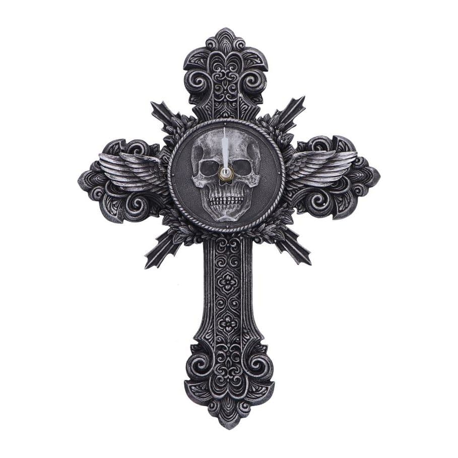 Ornate cross-shaped gothic clock with silver detail and winged skull face