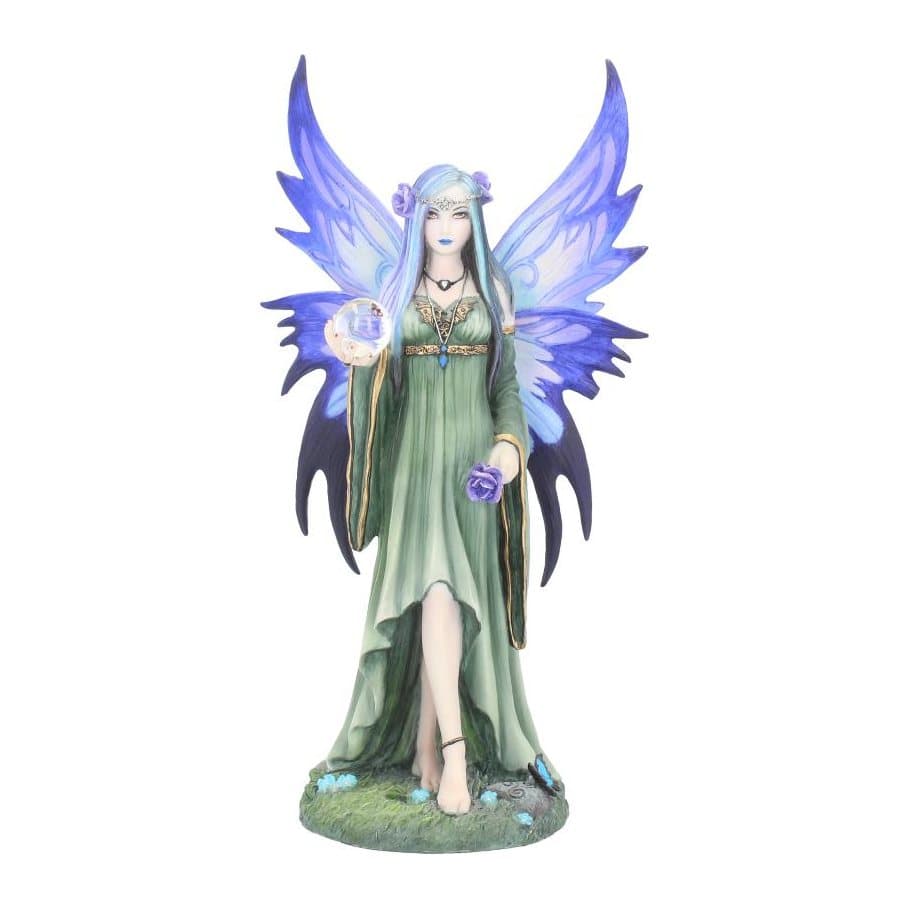 Gothic fairy figurine with purple wings, crystal ball and purple roses in blue hair