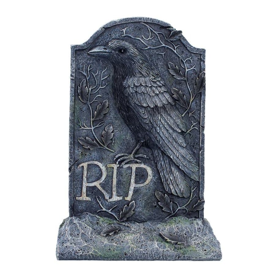 Weathered gothic gravestone ornament with an embossed raven and RIP lettering