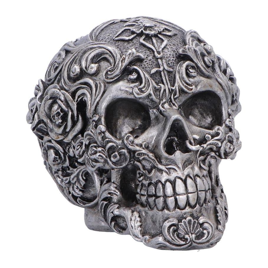 Dark silver gothic skull figurine with swirls, flowers and tiny skull details
