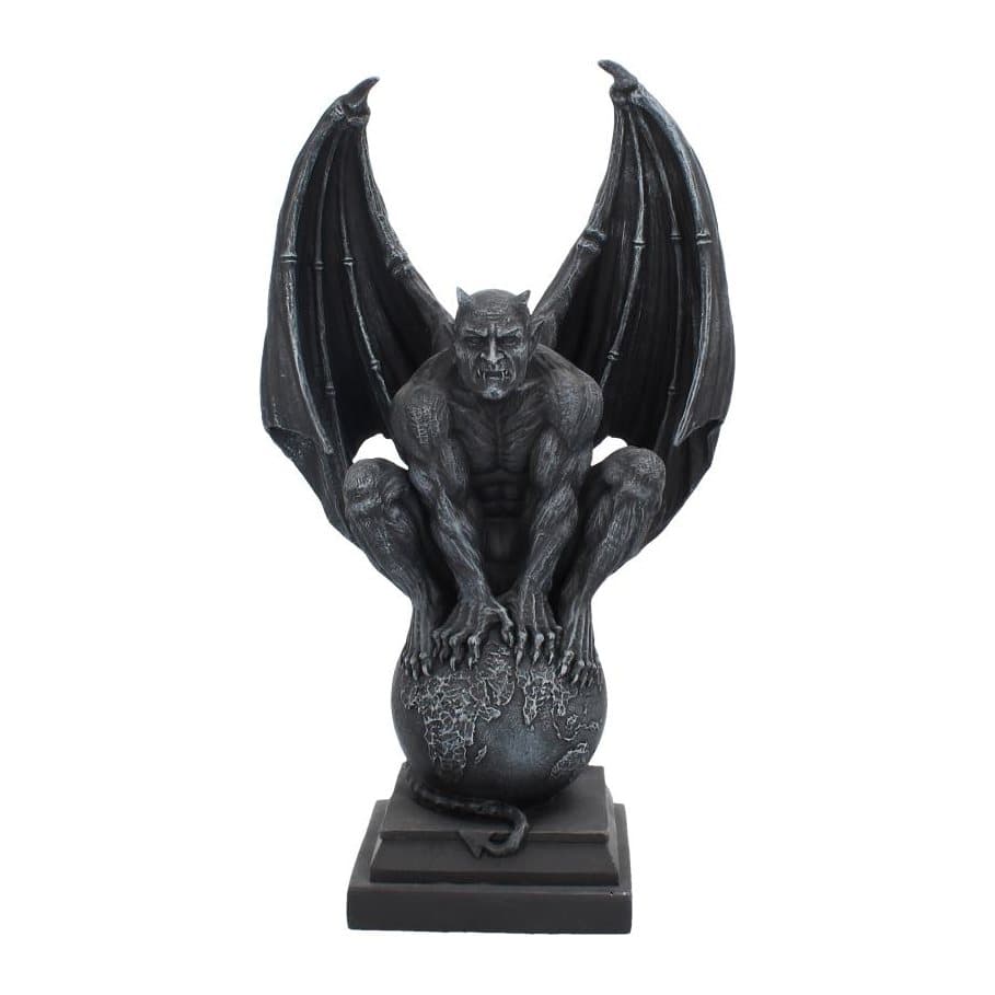 Horned resin gargoyle with bat-like wings sitting on a sphere