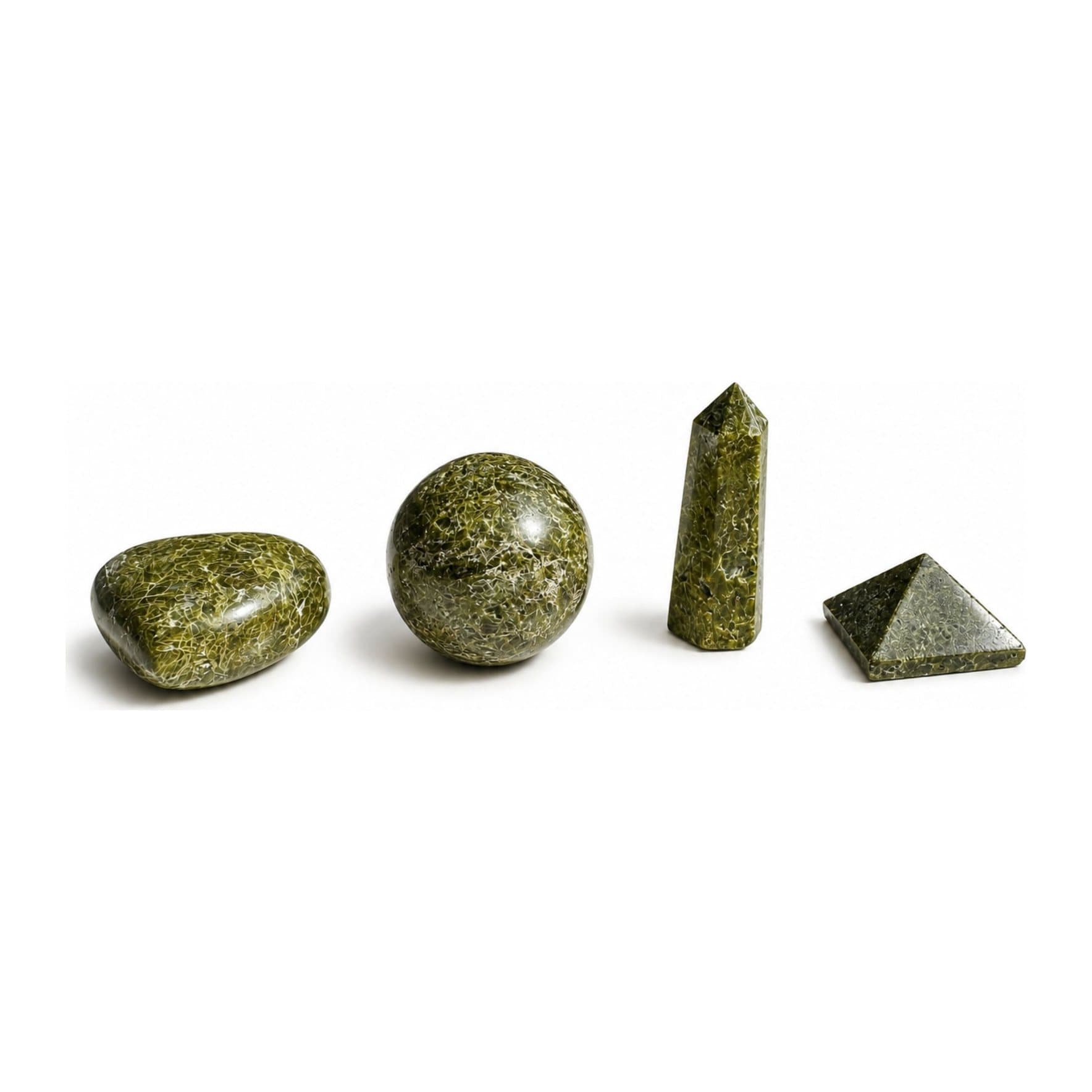 Green epidote heart, sphere, obelisk and pyramid crystal set