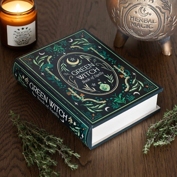 Green Witch book shaped storage box styled like a grimoire