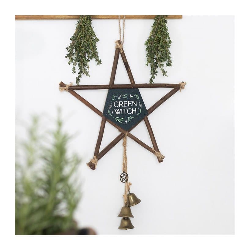 Hanging willow pentagram with Green Witch sign and brass bells