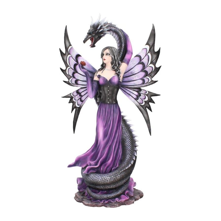 Dark fairy in a purple dress with a black serpent coiled around her, holding a red rose