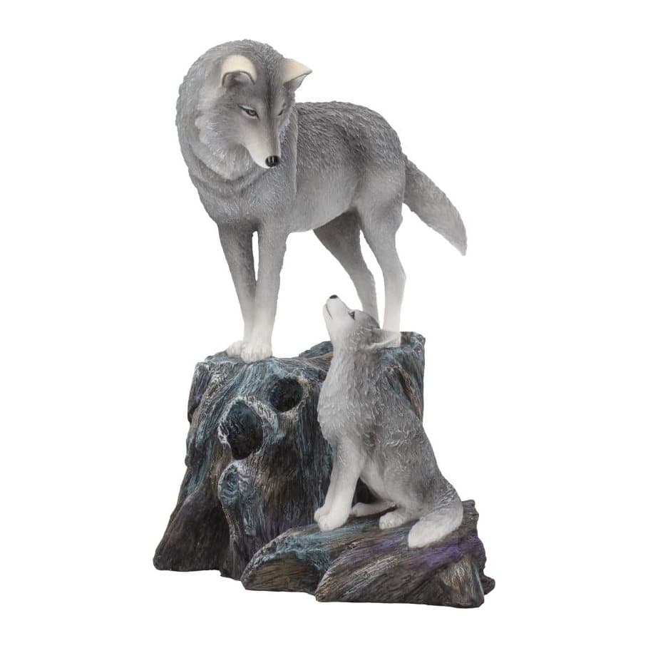 Resin wolf and pup figurine, adult wolf on a tree root with its pup