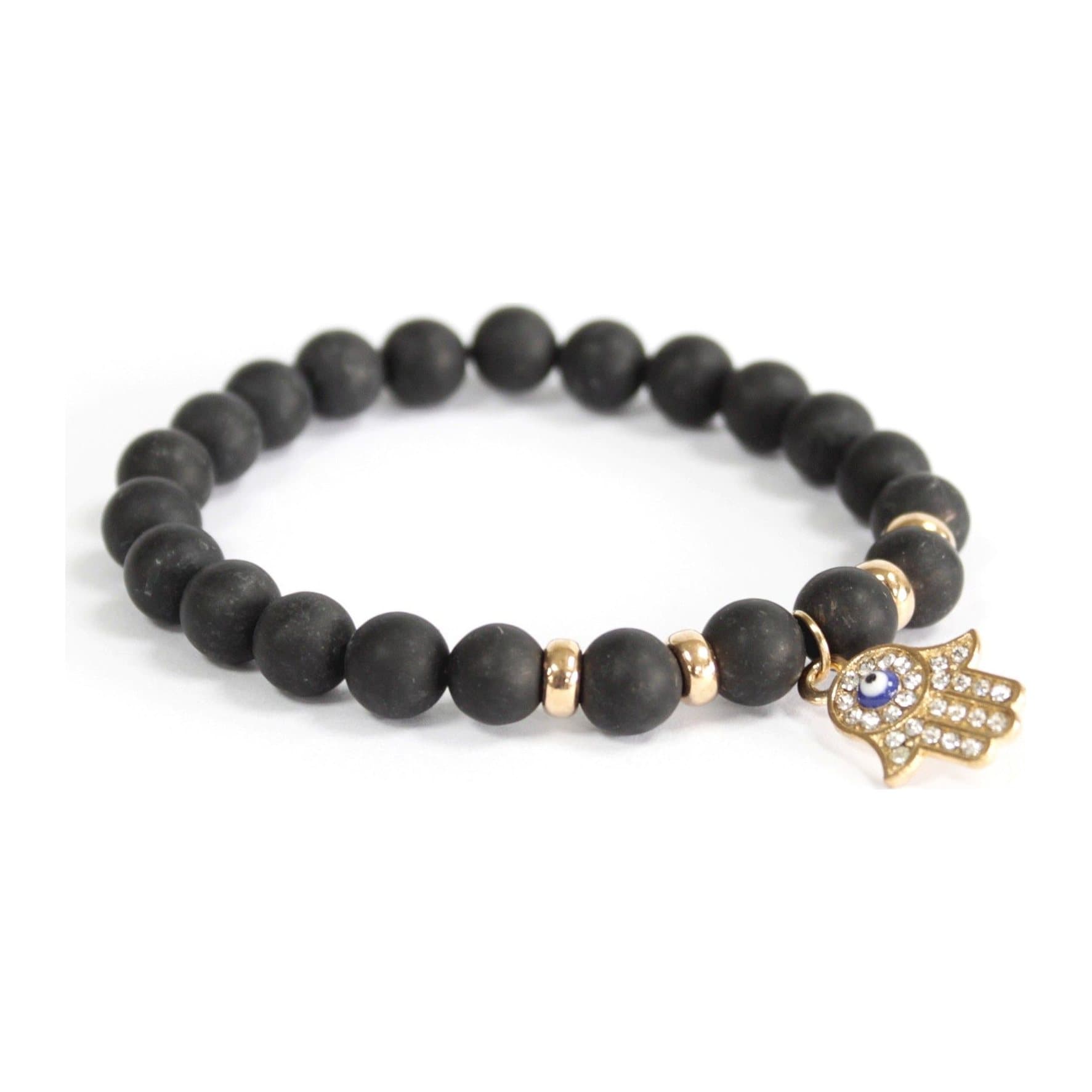 Black agate gemstone bracelet with a single angel wing charm