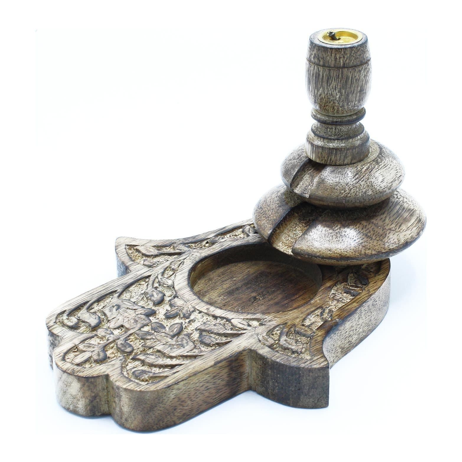 Mango wood backflow incense burner with a hamsa hand design