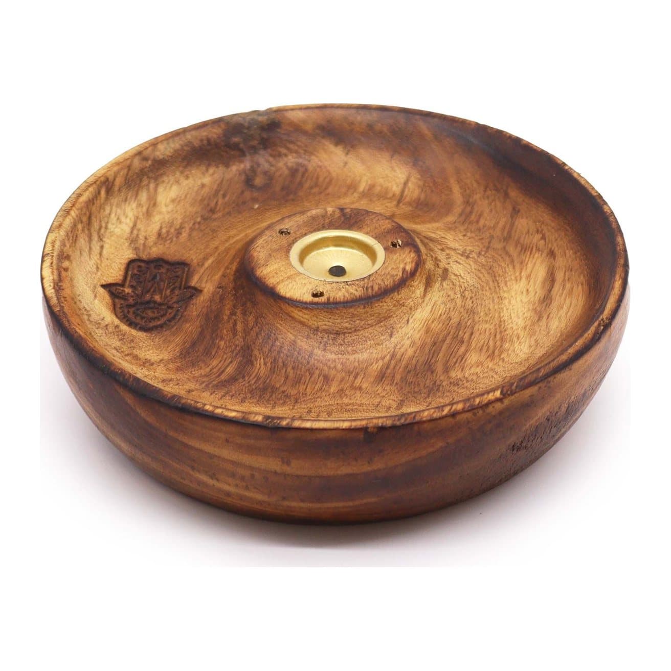 Mango wood incense burner disc with a hamsa design