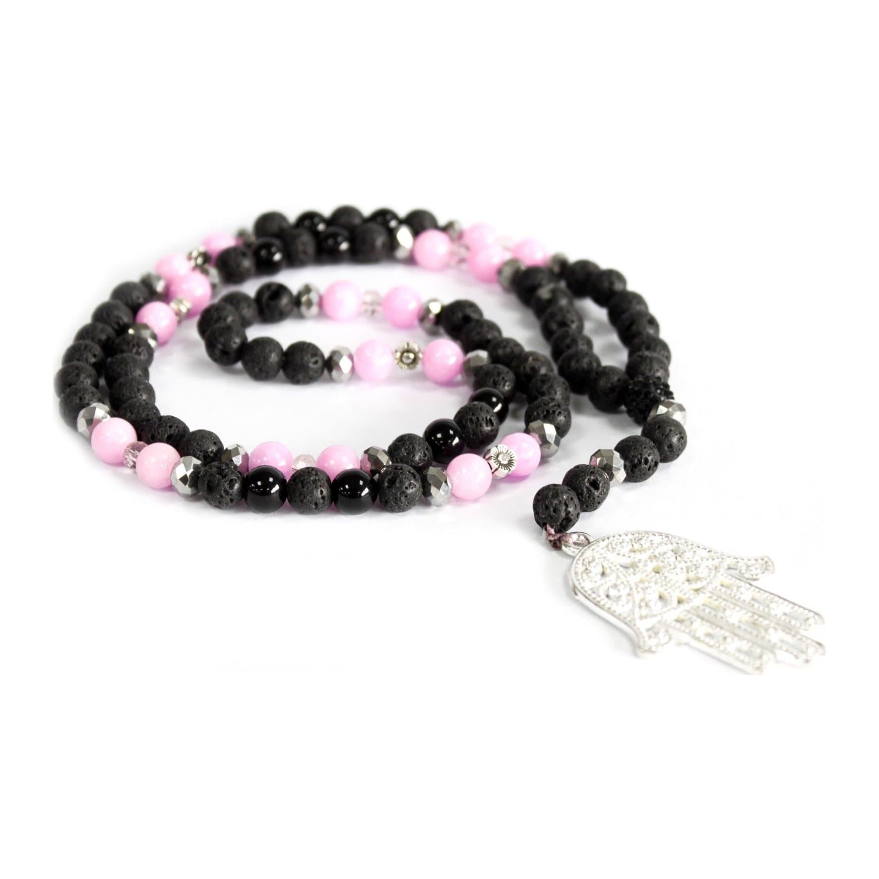 Hamsa necklace with pink and black beads, black lava stone and small silver flowers
