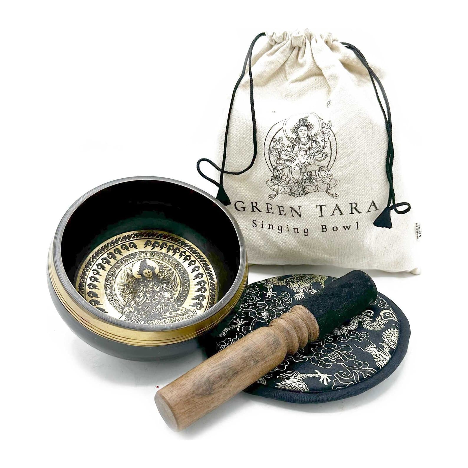 Engraved singing bowl with mallet, cushion and pouch