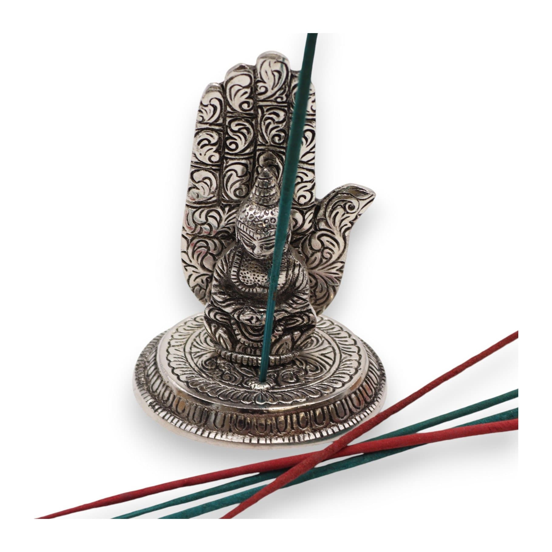 Aluminium incense holder with a detailed Buddha hand design