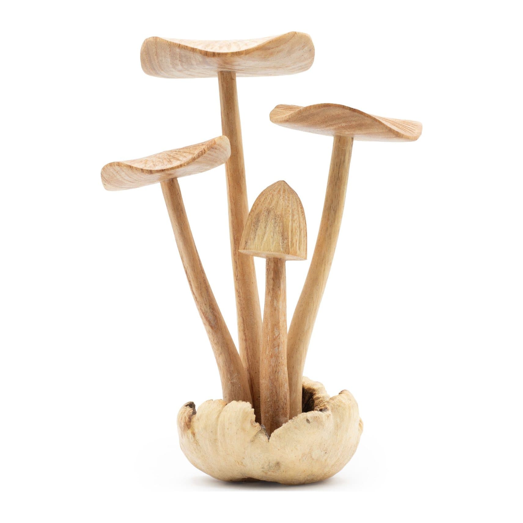 Handmade parasite wood carving of mushrooms on a natural wood base