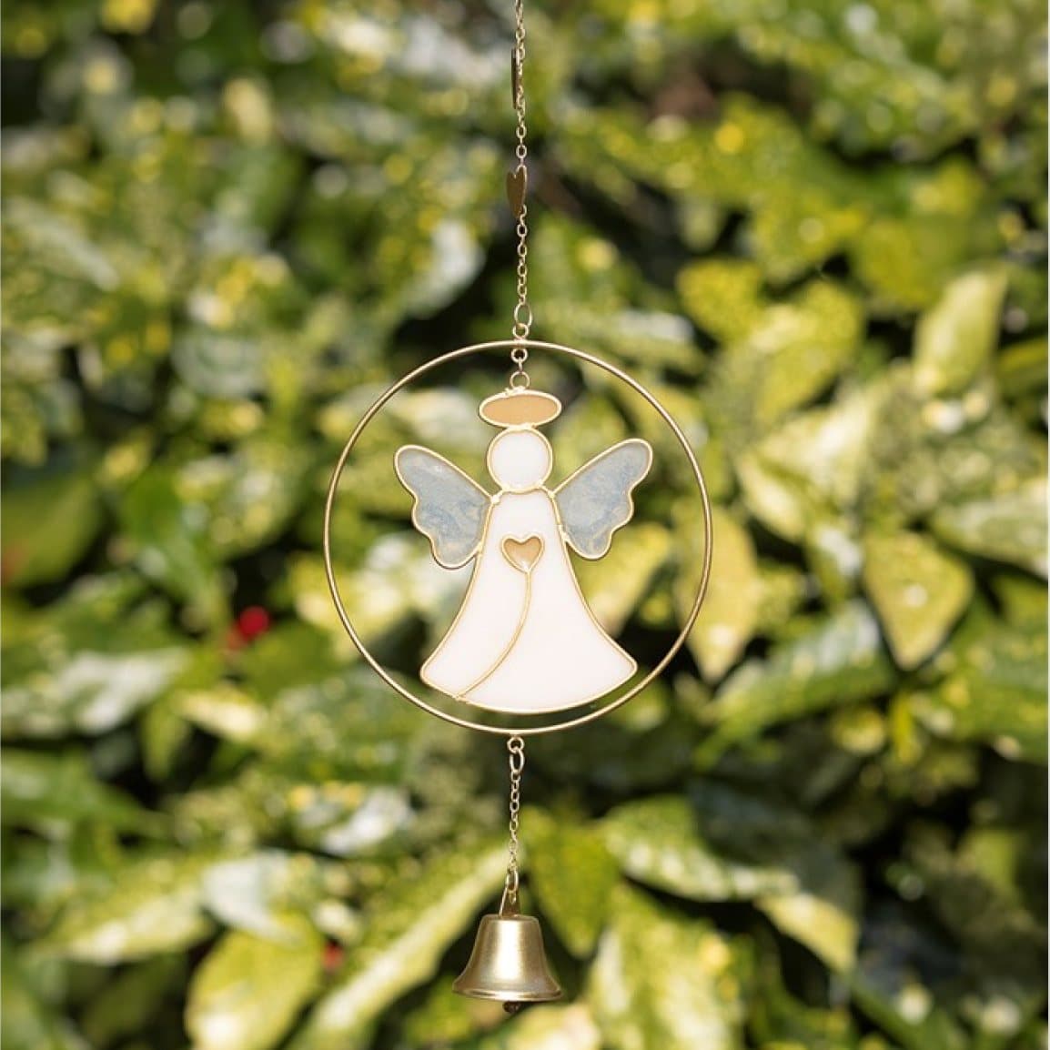 Hanging resin angel with gold halo, small bell and heart charm