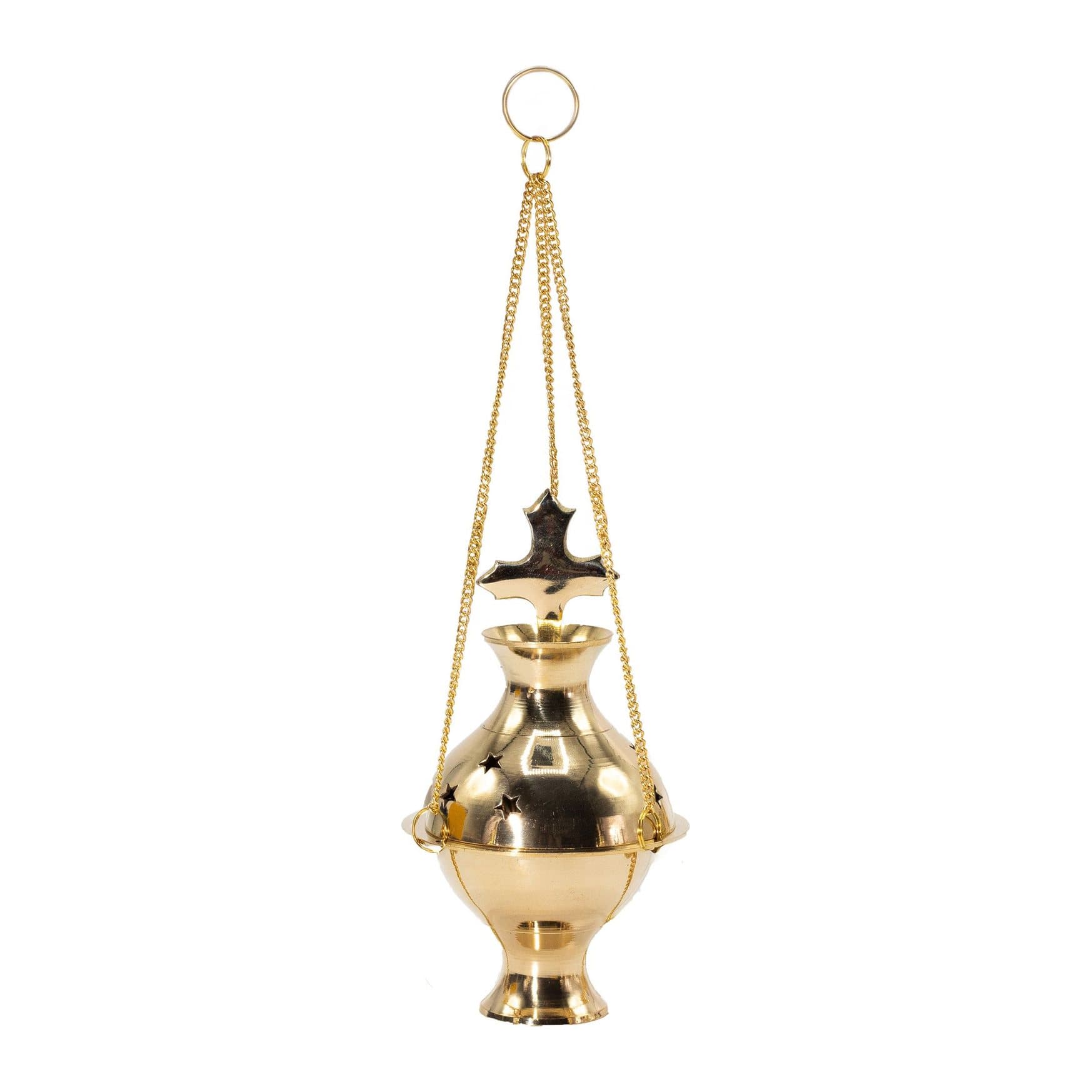 Polished brass hanging incense burner with cross finial on three golden chains
