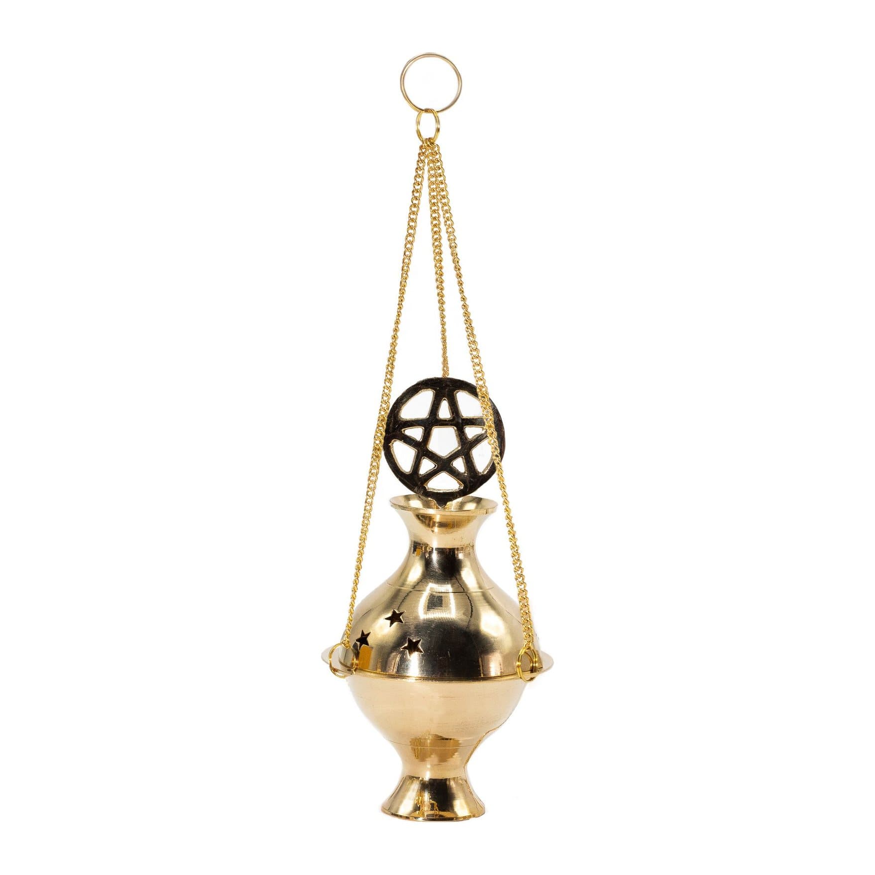 Brass hanging incense burner with pentagram design and star cut-outs on golden chains