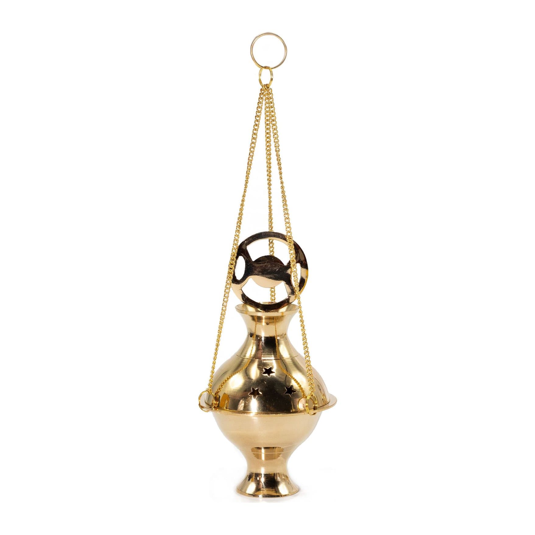 Brass hanging incense burner topped with the Three Phase Moon symbol on golden chains