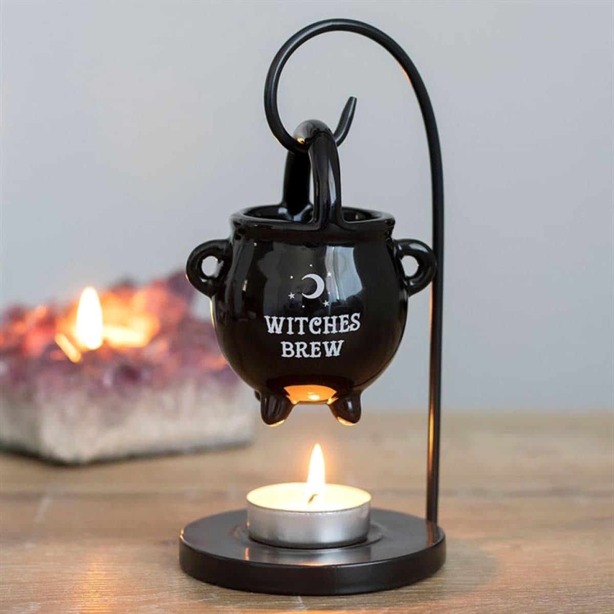 Matte black ceramic hanging cauldron oil burner with triple moon cut-out and metal stand