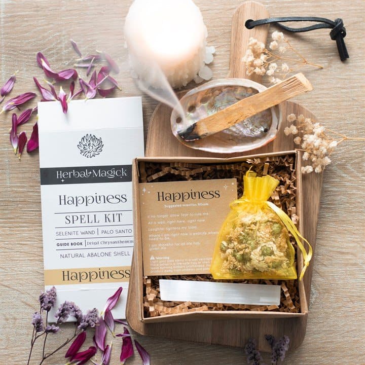 Happiness love spell kit with selenite wand, Palo Santo, sunflowers and abalone shell