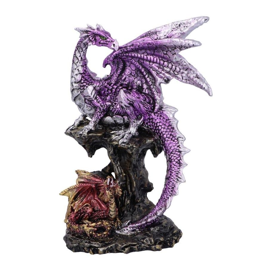 Amethyst dragon on rocks looking down at a small dragonling figurine