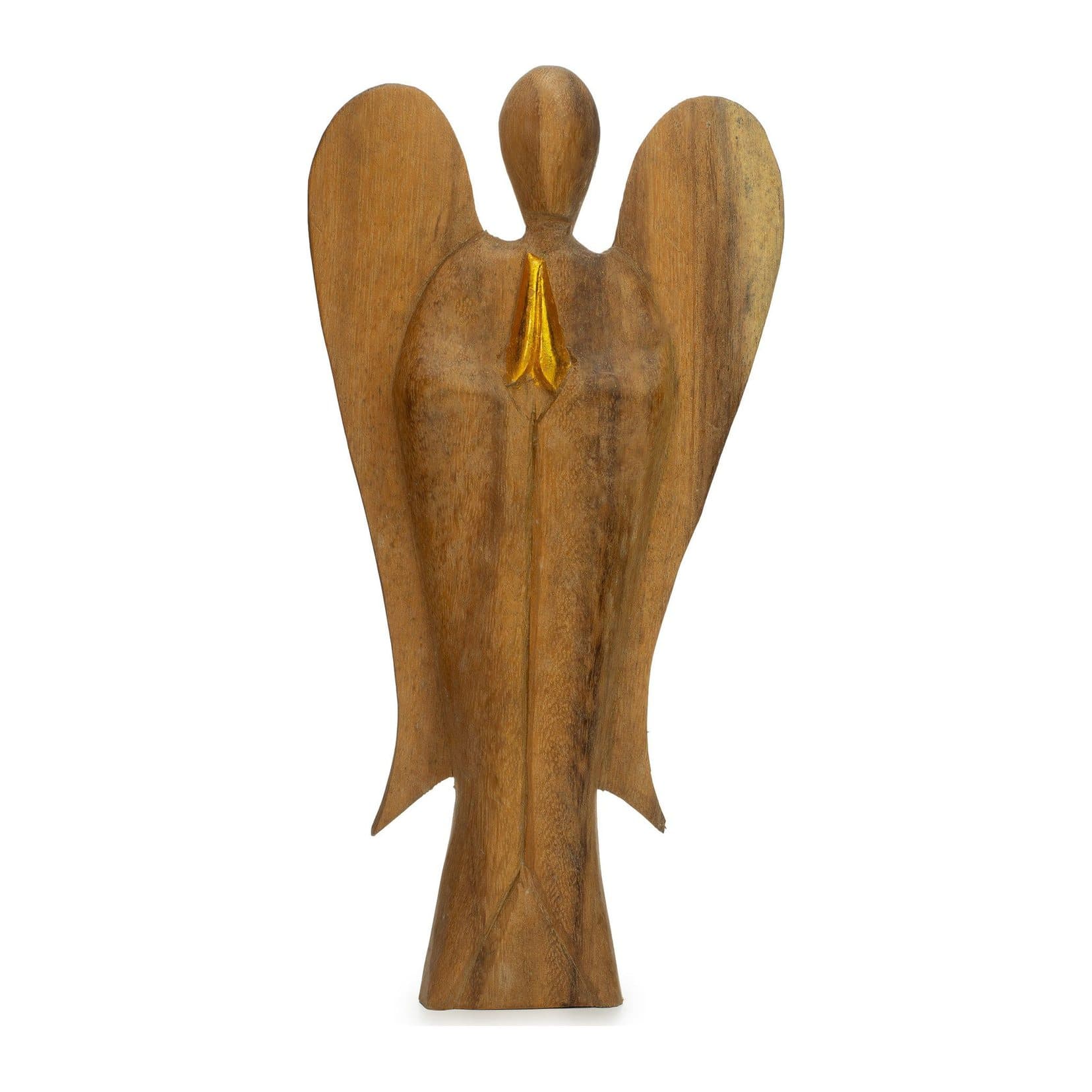 A tall carved wooden angel with gold-painted hands and natural wood grain