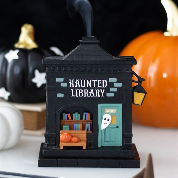 Haunted library resin incense cone holder with bookshelf and potion details