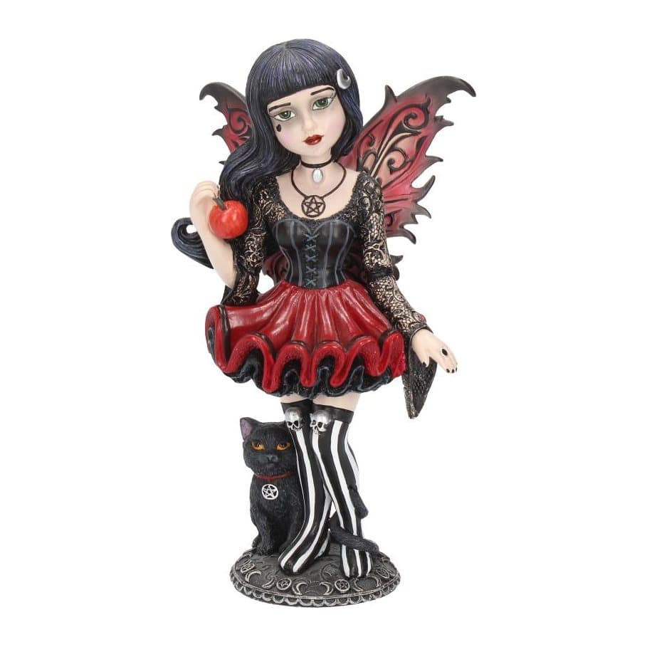 Hazel gothic fairy figurine with black cat and red apple