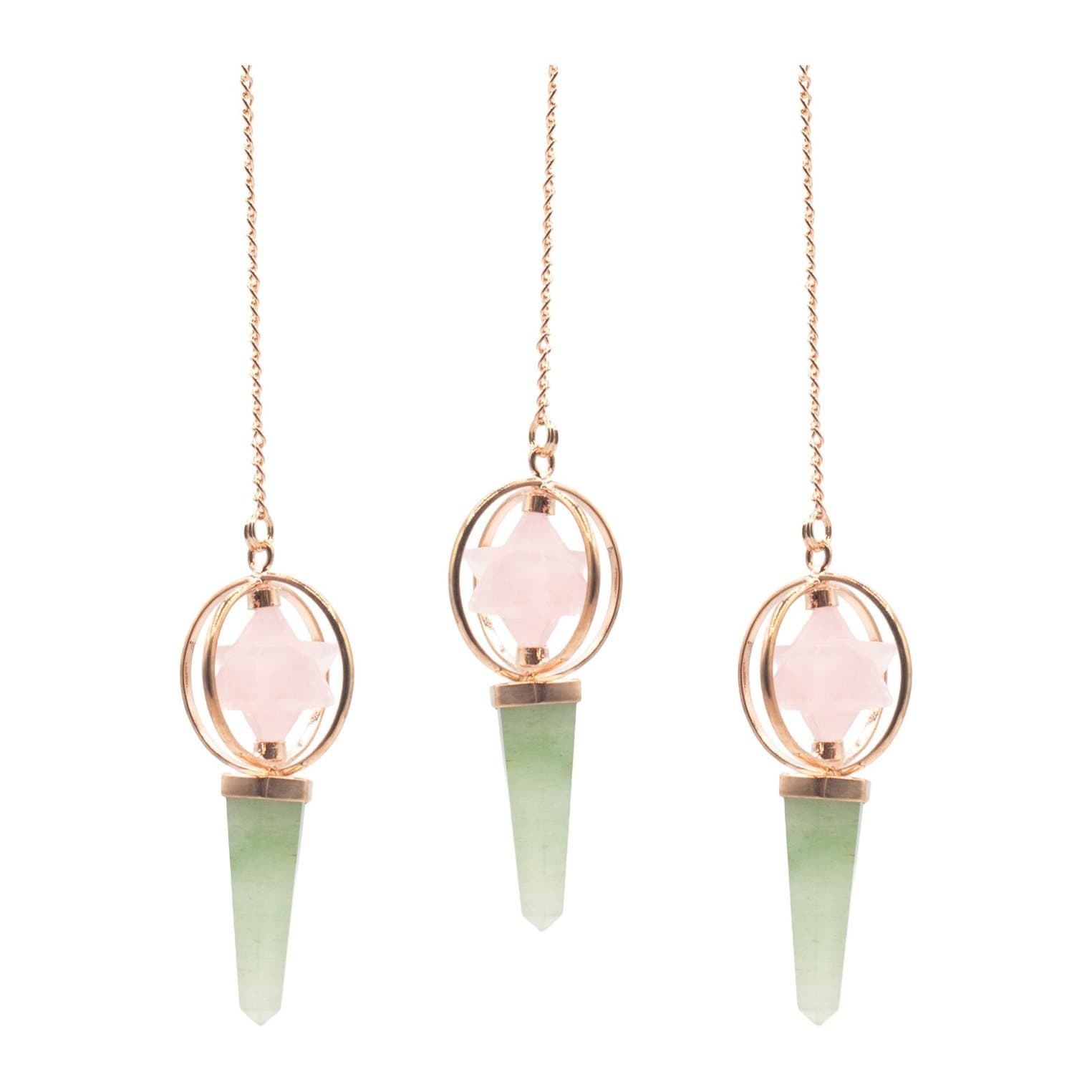 Pendulum with a rose quartz Merkaba star and green aventurine point in copper-tone