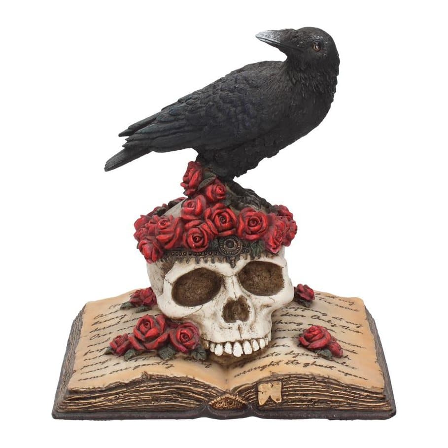 Black raven perched on a skull with roses and an open book