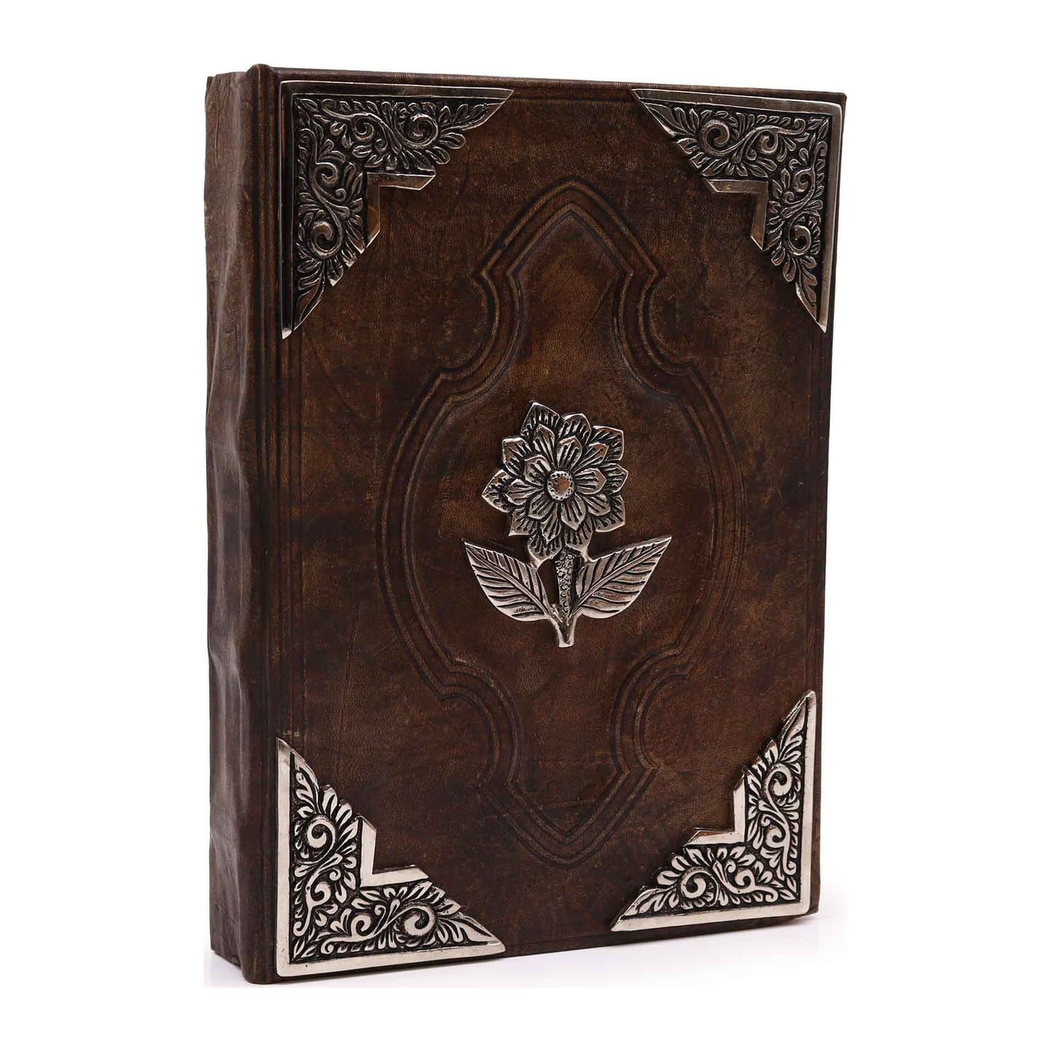 Red and tan leather notebook with zinc rose decor