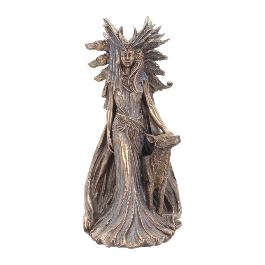 Bronzed resin figurine of the goddess Hekate surrounded by her dogs