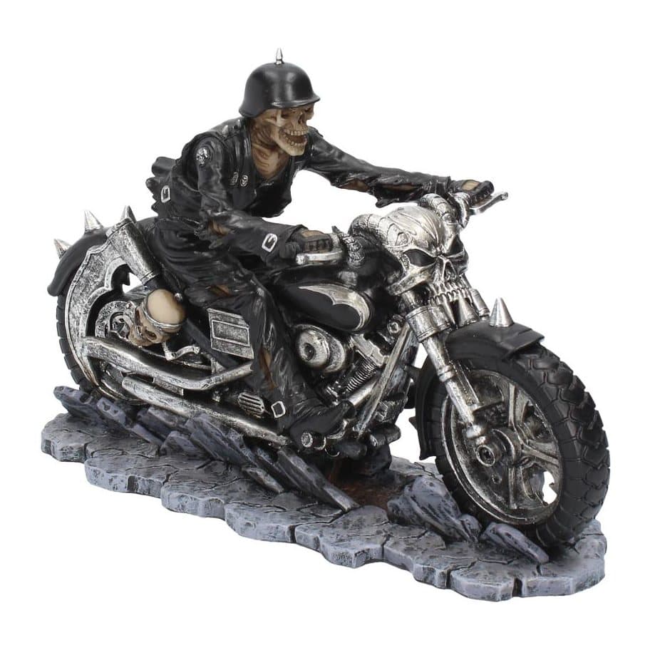 Skeleton rider on a motorbike with scythe and skull, resin figurine