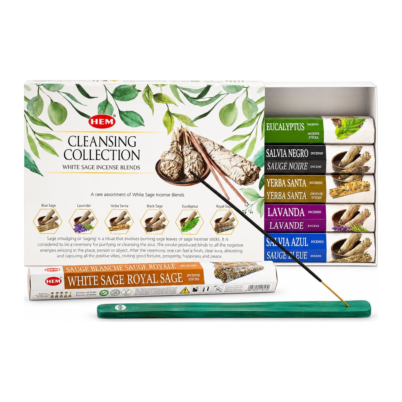 Six packs of HEM hexagonal incense with a flat incense holder