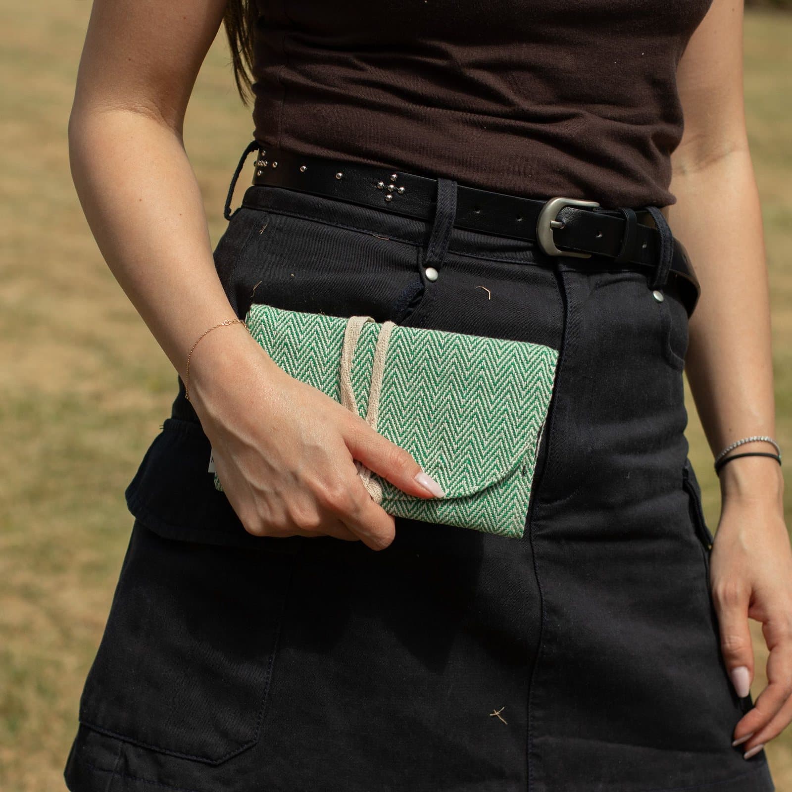 Hemp pouches in a wrap style and a tie-dye square