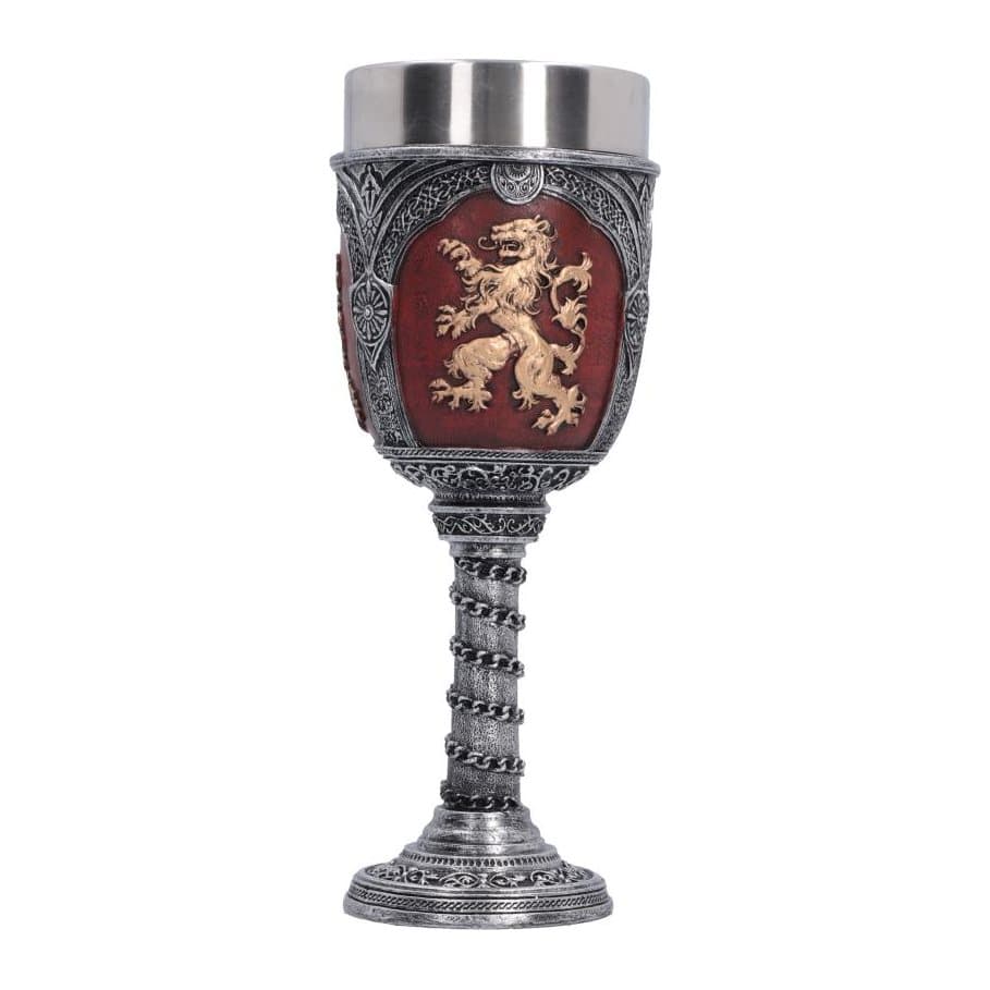 Medieval goblet with red and gold lion crest and chain on the handle
