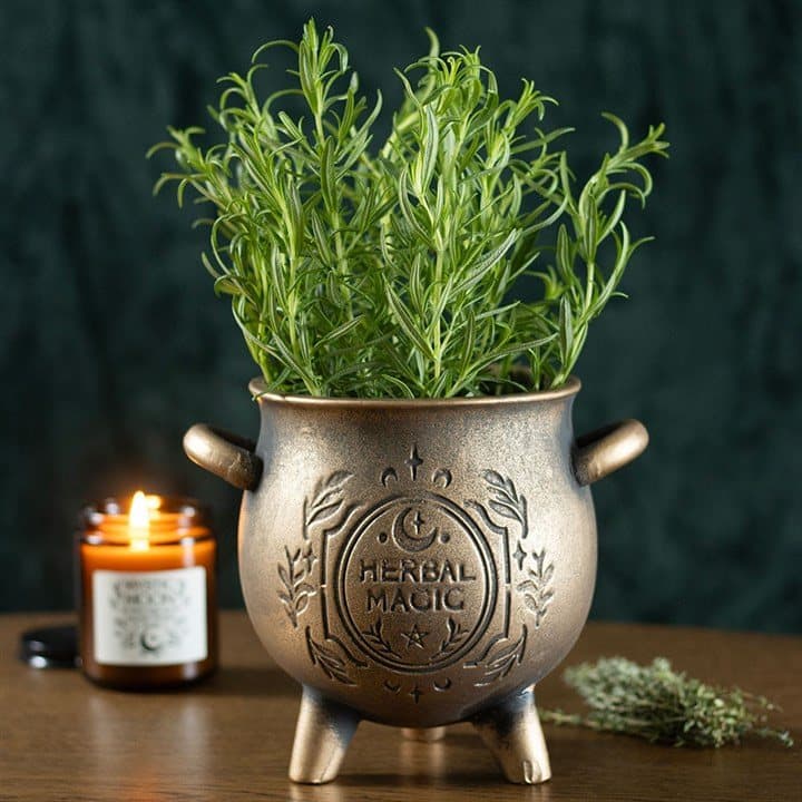 Bronze effect terracotta cauldron plant pot embossed with Herbal Magic
