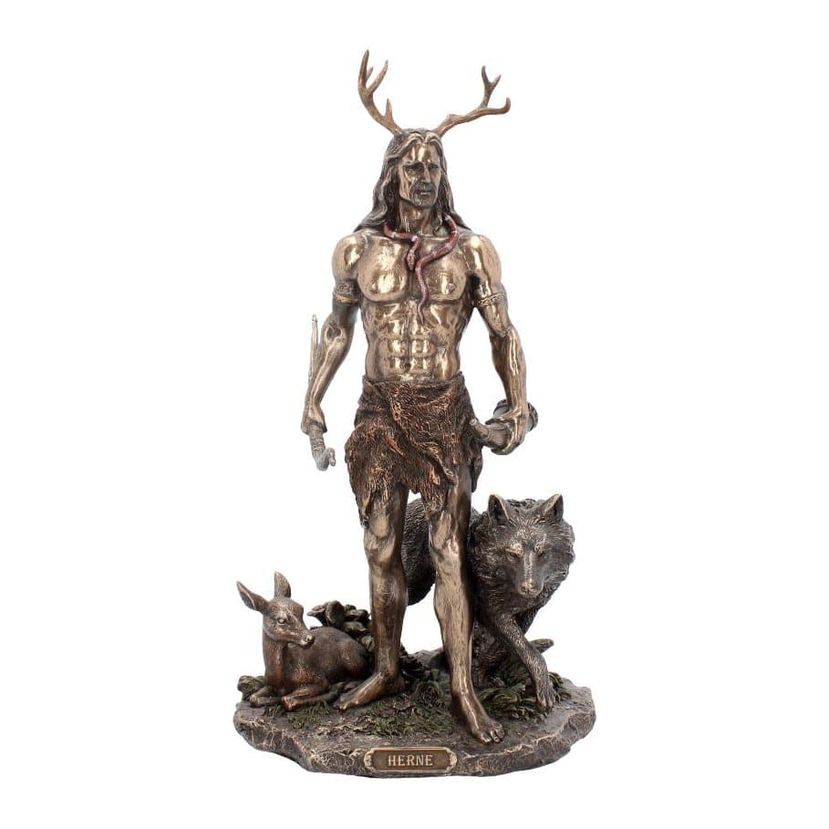 Bronzed figurine of Herne with antlers, a wolf and a faun