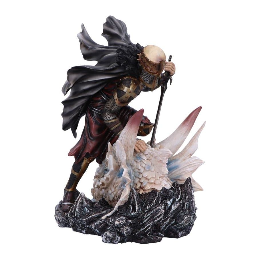 Resin knight kneeling over a fallen dragon on a textured base
