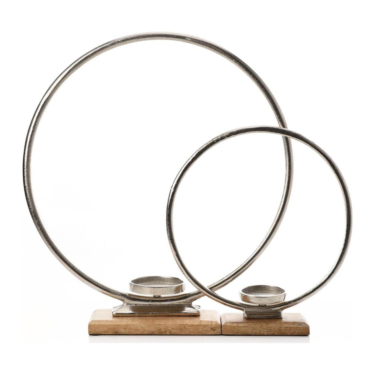 Set of two metal hoop tealight holders with wooden bases
