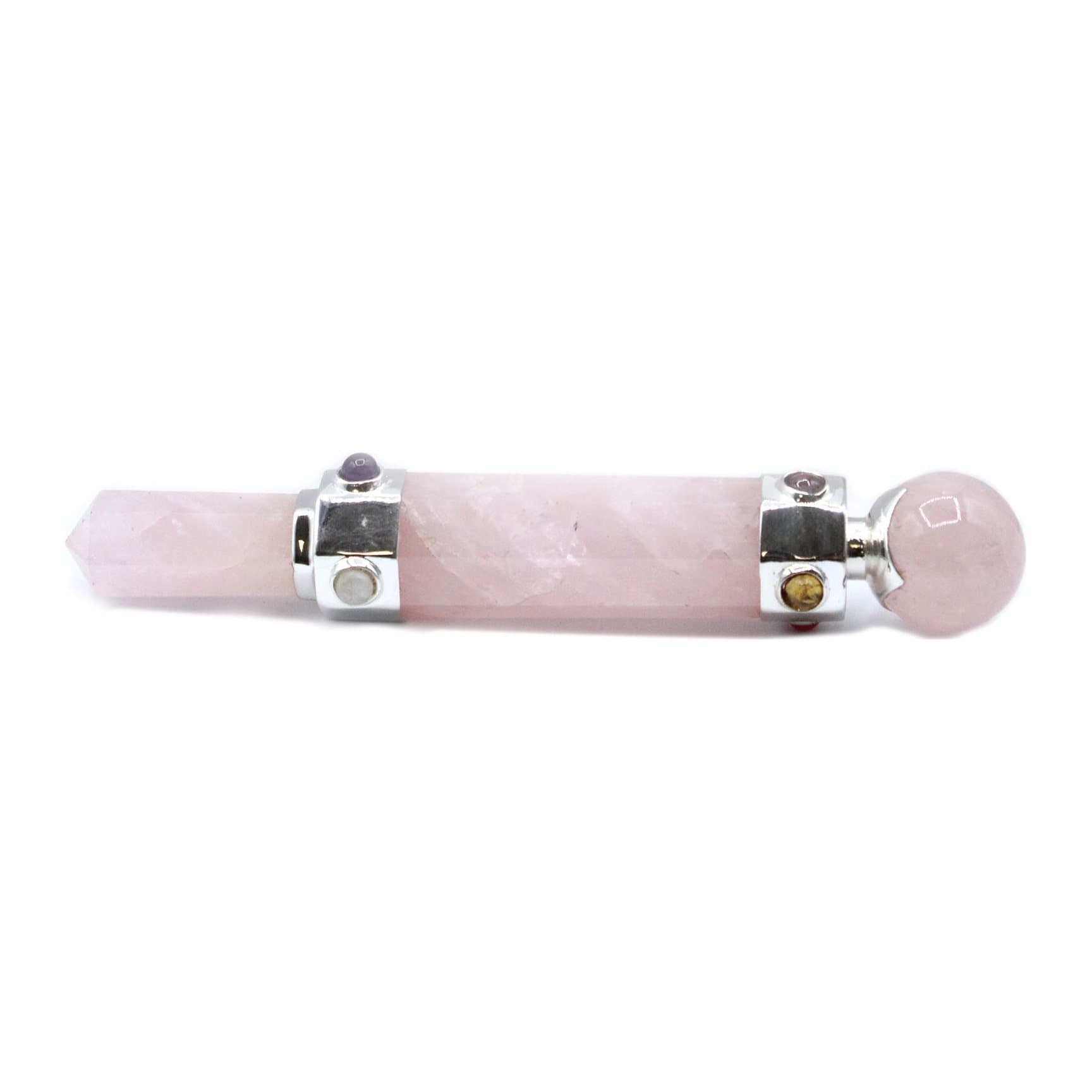 Hexagonal rose quartz crystal wand with silver plating