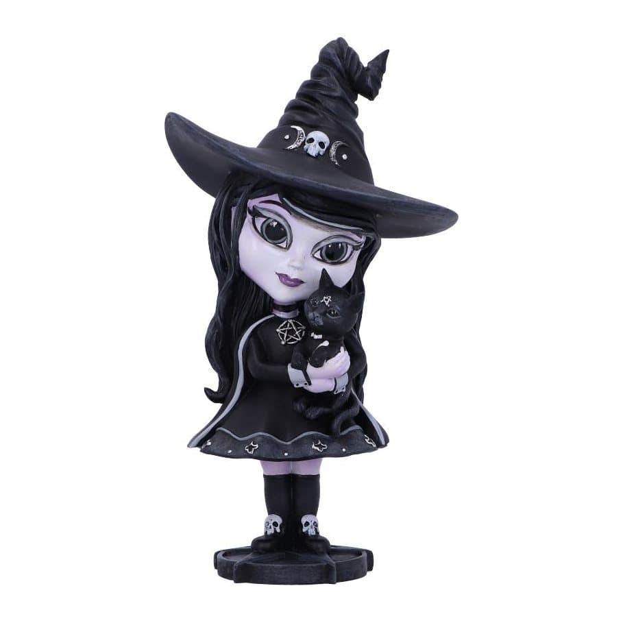 Hand-painted witch figurine in black cape holding a cat on a pentagram stand
