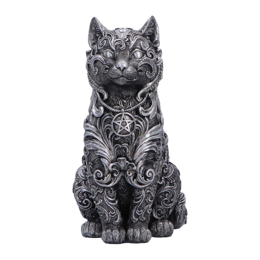 Silver cat figurine with swirling patterns and pentagram necklace