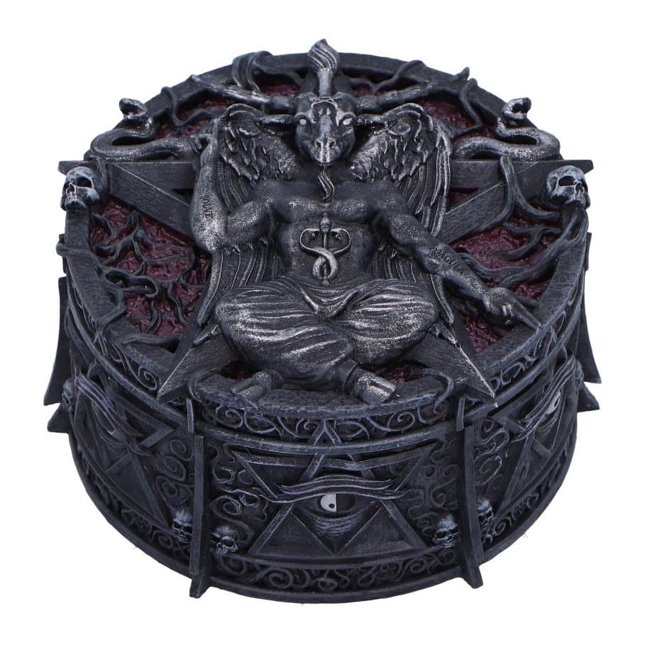 Round resin trinket box with a Baphomet, serpents and skulls on the lid
