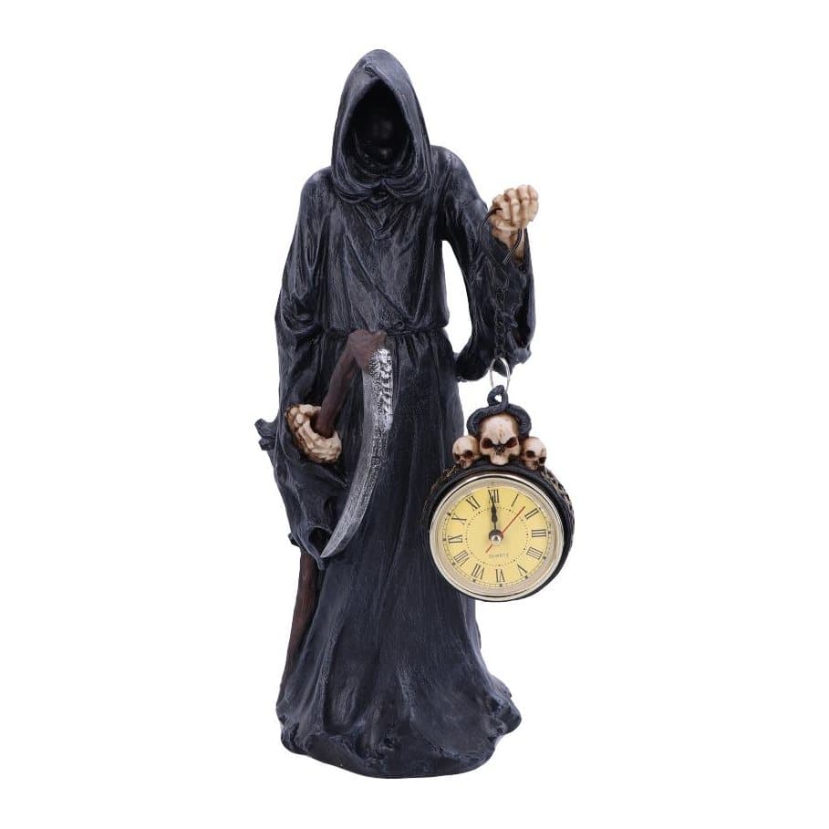 Hooded faceless reaper figurine holding a clock and a scythe