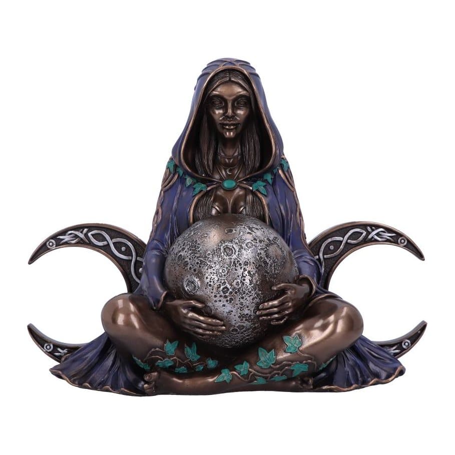 Hooded triple moon goddess statue in purple cloak between two crescent moons