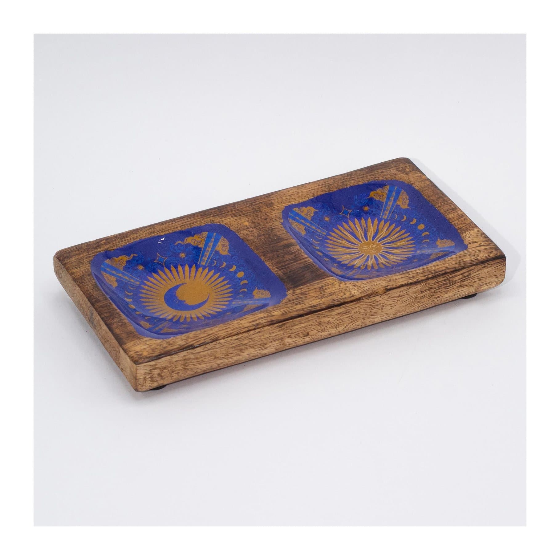 Enamelled mango wood trinket tray and square boxes with moon designs