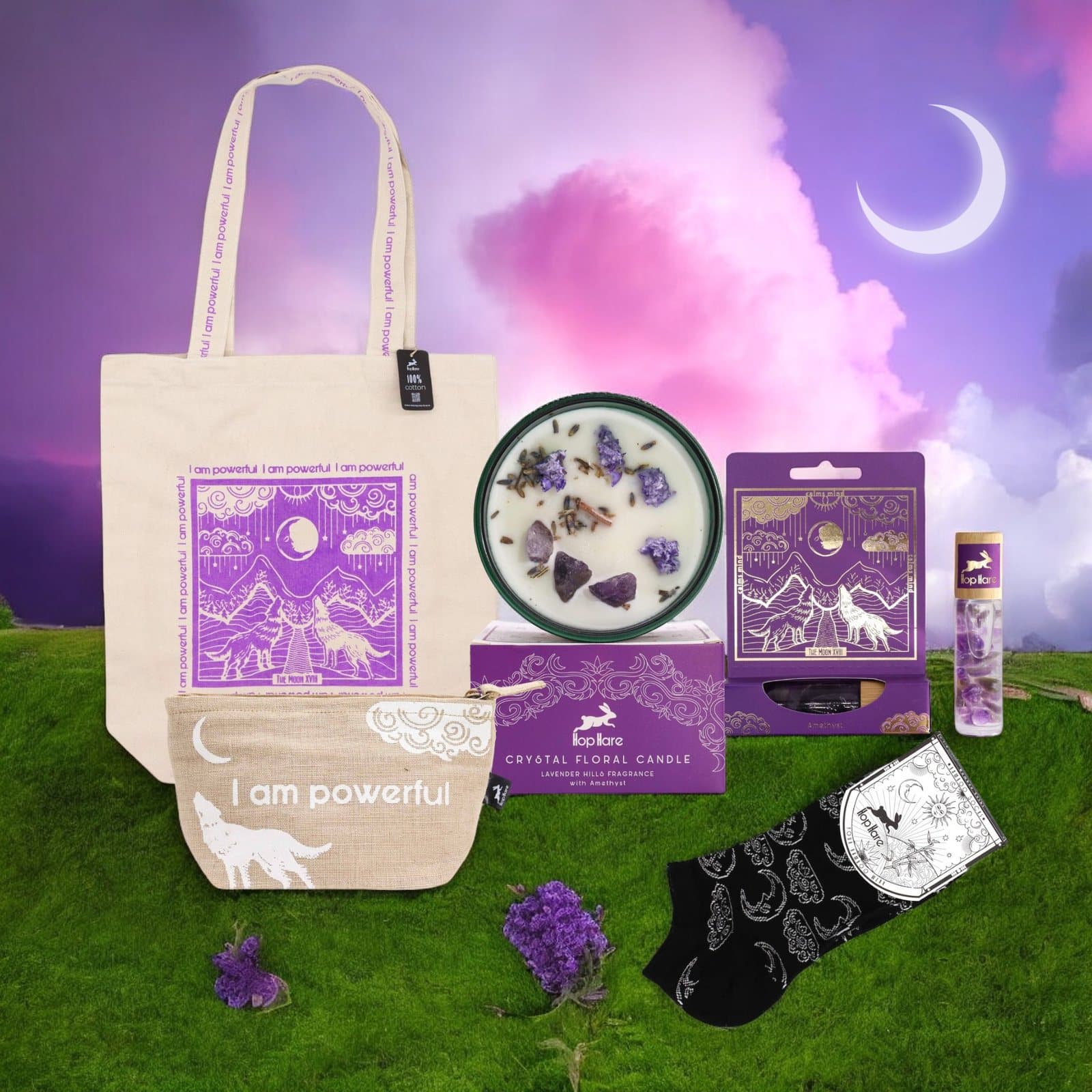 Hop Hare bundle with moon candle, tarot tote bag, pouch, roll-on and bamboo socks