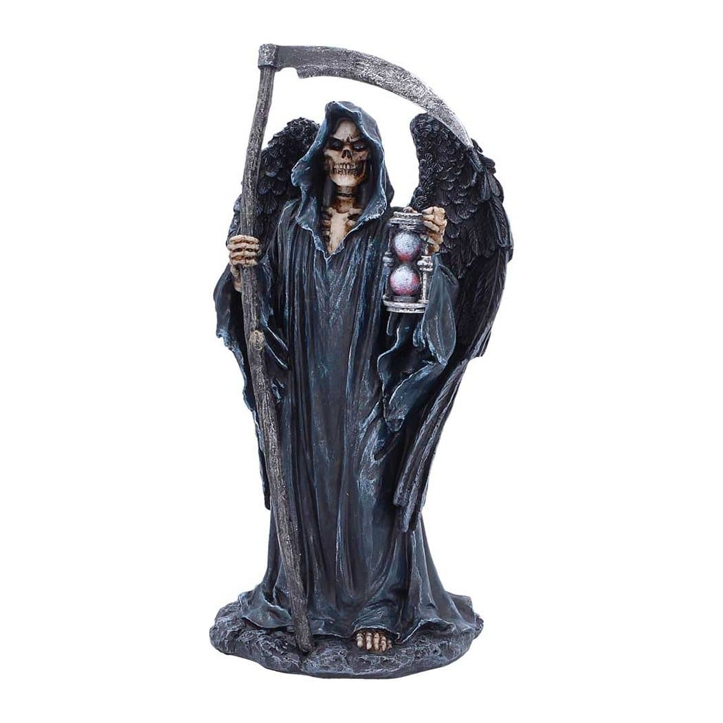 Hooded skeletal Grim Reaper figurine with black wings, scythe and sand timer