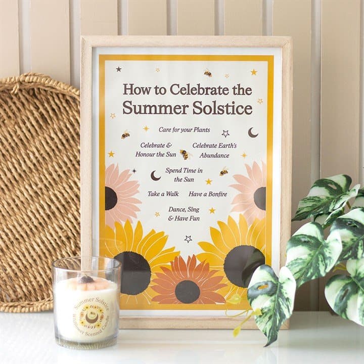 Framed summer solstice print in a rustic wooden frame