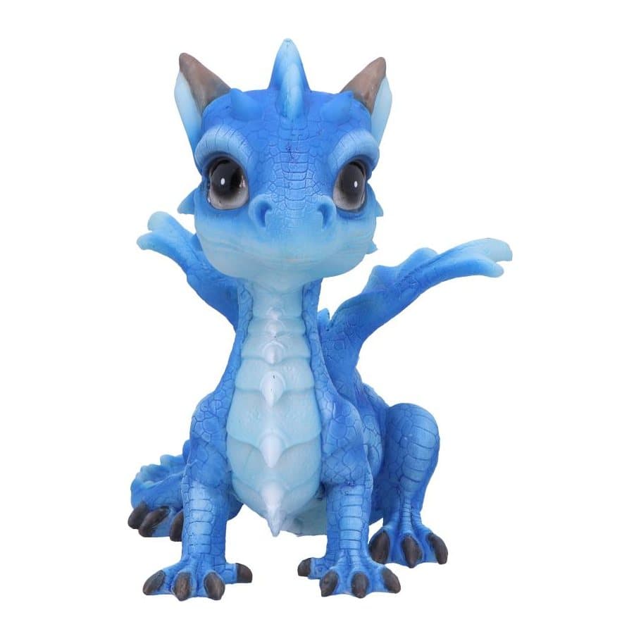 Ice Dragonling blue resin dragon figurine sitting upright with large black eyes